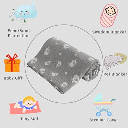 NTBAY 3 Layer Oversized Muslin Cotton Toddler Blanket, Jacquard Reversible Nursery Bed Blanket, Super Soft and Thermal for All Seasons, Baby Gift, 45"x60", Dark Grey Elephant - color: Dark Grey Elephant, size: 45x60 Inch (Pack of 1)