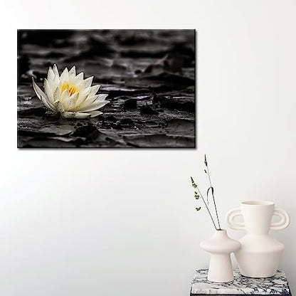 GLOKAKA Spa Zen Wall Art White Lotus Flower in the Storm Canvas Picture,Black and White Meditation Decor Artwork,Zen Spiritual Wall Decor Artwork for Office,Bathroom,Yoga Studio