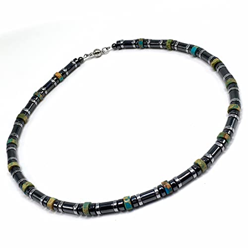 Healing Stress Anxiety Meditation Grounding Energy Gemstone Necklace Series - color: Turquoise & Hematite -6 mm- Stone Tube Beads