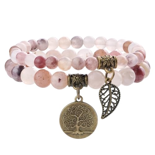 Bivei Natural Semi Precious Gemstone beads bracelet for women - Life Tree and Leaf Charm Energy Reiki Crystal Stretch Bracelets - color: Violet Stone Bracelet Set, size: Medium:6.8-7.24inch