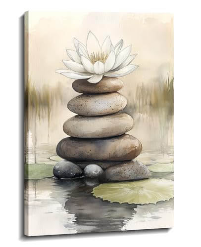 Zen Wall Art Lotus with Spa Stones Picture Watercolor Painting Meditation Canvas Prints Spiritual Room Bathroom Living Room Office Wall Decor Framed(Art-12,20.00"x30.00") - color: K - Lotus, size: 30"L x 20"W