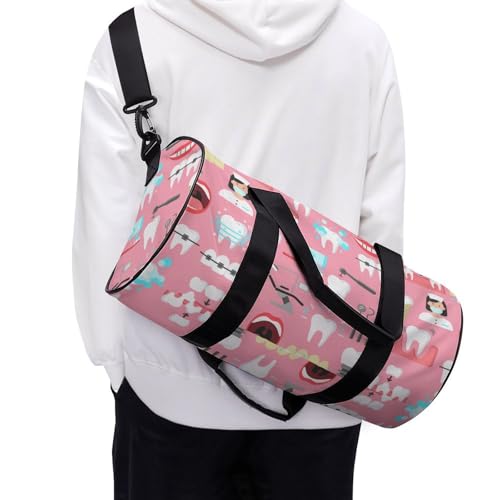 Teeth Dental Seamless Pattern Pink Cylindrical Portable Fitness Bag, Large Capacity Handbag - color: Teeth Dental Seamless Pattern Pink