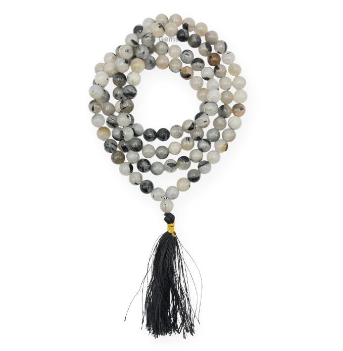 GEMSCITE Japa Mala 108 Prayer Beads Perfect for Meditation Spiritual Mala Necklace & Wrist Mala Bracelet - color: Black Rutilated Quartz, size: Without Knots