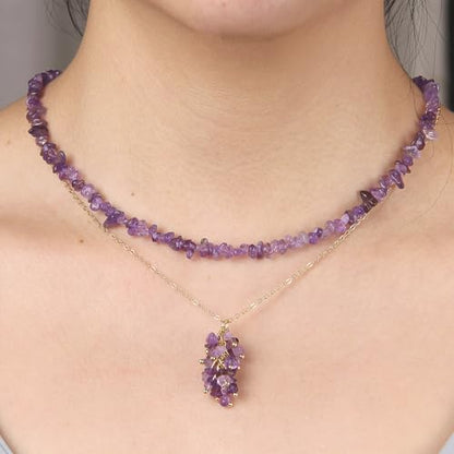 2Pcs Crystal Necklace for Women Handmade Choker Necklaces Pendant Necklace Natural Stone Gemstone Beaded Necklace 18k Gold Plated Adjustable Dainty Necklace for Women - color: Amethyst