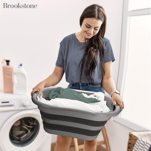 BROOKSTONE Collapsible Laundry Basket Set, Modern Medium Collapsible Basket Set, Comfort Non-Slip Grip Handles, Minimalist Space Saving Design, Portable Pop-Up Hamper, BPA FREE, Dark Grey, 2 PACK