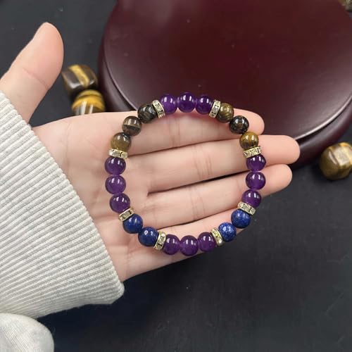 Amethyst Tiger's Eye Lapis Lazuli Crystal Bracelets for Women Men Natural Stone Handmade Gemstone Stretch Healing Yoga Beaded Bracelet Anxierty Protection Good Luck Spiritual Jewelry Gifts 8mm - color: AL-0123, size: Medium