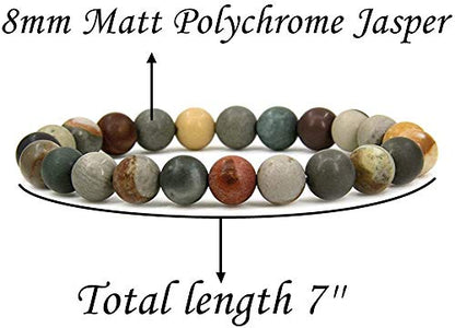 Angelstones Handmade Natural Healing Gemstone 8mm Round Beads Stretch Crystal Bracelet 7 Inch Unisex - color: Matt Polychrome Jasper