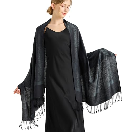 Silky Paisley Pashmina Shawl Scarf-Women's Soft Double-side Jacquard Pashminas Wrap for Evening Dress Travel Shawl - color: A-black Charcoal Gray