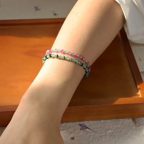 Gold Beaded Gemstone Bracelets for Women, Boho Handmade Stackable Natural Stone Labradorite Beads Bracelet Prom Jewelry Gift. - color: Green Pink