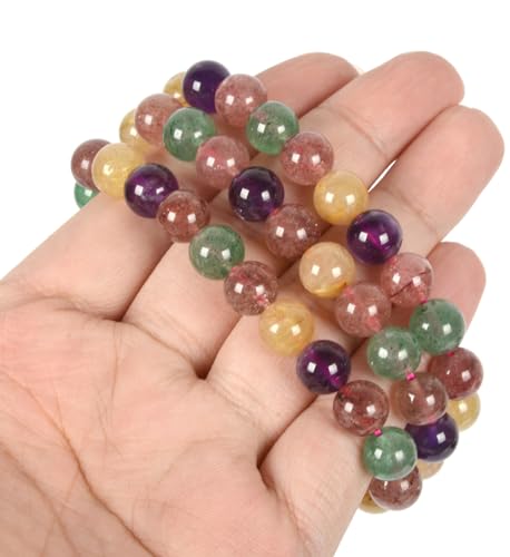 Justinstones Gem Semi Precious Gemstone 8mm Round Beads Stretch Bracelet 7 Inch Unisex - color: Multi-color Strawberry Quartz Amethyst