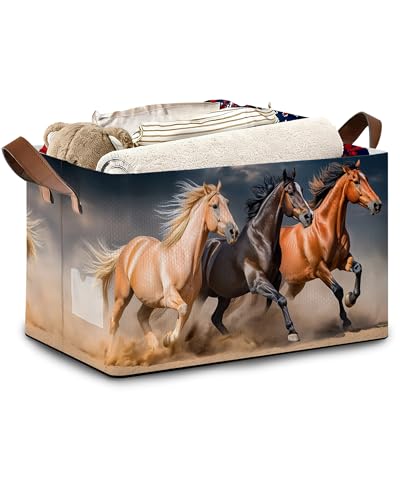 Running Horse Storage Basket with Handles,Collapsible Rectangle Organizer Bin for Room Decoration Books Box Baskets 17x11.5x10Inch - color: Running Horse