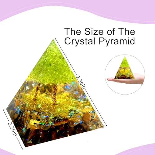 Tree of Life Orgone Pyramid,Natural Energy Peridot Tiger's Eye Stone Orgonite Healing Crystal Pyramid,for Reduce Stress,Balance Chakra,Meditation Attract Luck,Accumulate Wealth Health(6cm)