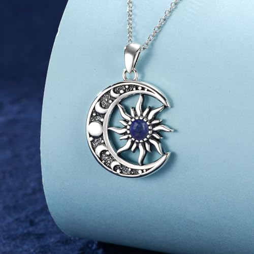Sun and Moon Necklace 925 Sterling Silver Sun Moon Pendant Gemstone Jewelry Gifts for Women - style: Lapis Lazuli