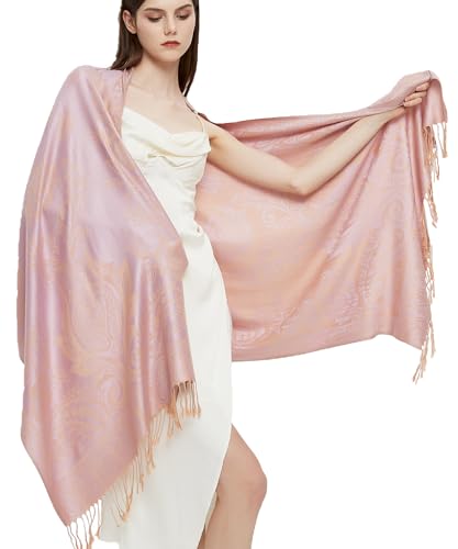 Pashmina Shawl Wrap with Ethnic Paisley Two Tone Jacquard Scarf for Women - color: Paisley-pink