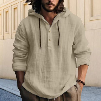 Mens Pullover Hoodie Linen Long Sleeve 4 Button Drawstring Causal Loose Lightweight Summer Beach Top - color: 3-khaki, size: XX-Large