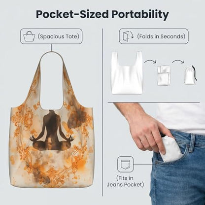 Yoga Meditation (2) For Foldable Shopping Bag, Washable Storage Tote For Work And Travel
