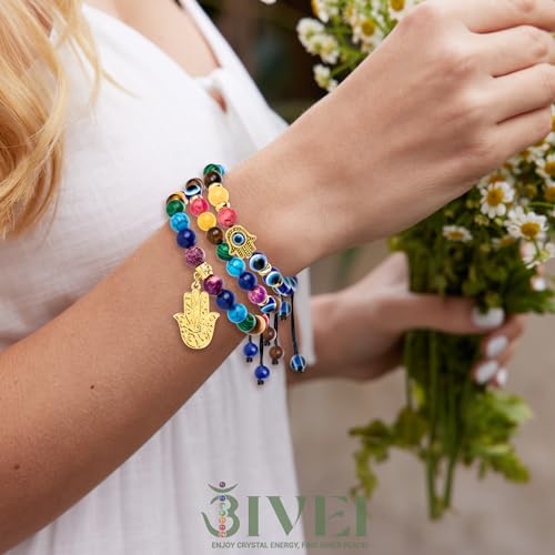 Bivei Chakra Bead Bracelets for Women - 8mm 7 Chakra Bracelet With Real Stones Yoga Gemstone Jewelry 3 Pack - style: #1 Set of 3 khamsah