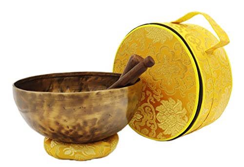 Tibetan Singing Bowl Set — 9 Inch Hand-Hammered Singing Bowl, 7 Metal Alloy, 2 Mallets, Silk Brocade Cushion and Carry Bag, Meditation Sound Bowl for Healing Chakra Yoga Mindfulness