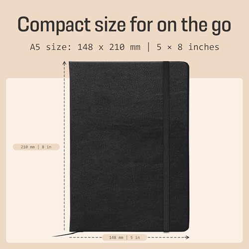 BROWNSTONE JOURNALS A5 Hardcover Lined Journal 5"x8" - Notebook for Work & Writing, 160 Pages Thick 100 GSM Paper, Lay Flat Binding, Elastic Band, Ribbon Bookmark (Charcoal Black) - color: Charcoal Black
