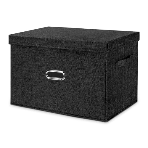 Large Linen Fabric Foldable Storage Bins with Removable Lid and Handles, Washable Storage Box Organizer Containers Baskets Cube with Cover for Bedroom,Office(Black, Medium) - color: Black, size: Medium