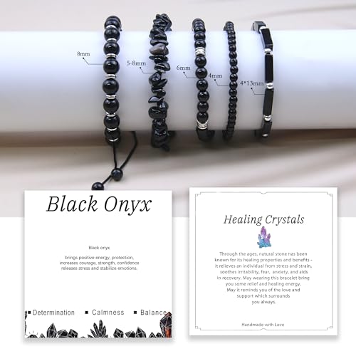 5Pcs Healing Crystal Bracelet for Women Men, Handmade Adjustable Gemstone Bracelets Beaded Reiki Energ Bracelet Set Jewelry Gifts for Women Men - color: Black Onyx