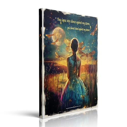 Framed Cool Dragonfly Girl Girly Inspirational Quote Canvas Wall Art, Fantasy Night Scene with Moon and Stars Motivational Lady Artwork Print Home Decor Ready to Hang (12"x16") - color: Girl, size: 16L" x 12W"