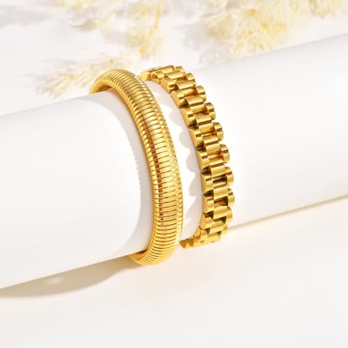 MPRAINBOW 2pcs 18K Gold Plated Chain Link Bracelet, Stainless Steel Crystal Friendship Bracelets Bangle,Watch Band Chains Wristband Jewelry with Adjust Tool - color: Gold Set - M
