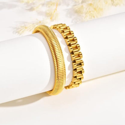 MPRAINBOW 2pcs 18K Gold Plated Chain Link Bracelet, Stainless Steel Crystal Friendship Bracelets Bangle,Watch Band Chains Wristband Jewelry with Adjust Tool - color: Gold Set - M