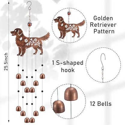 Cinnvoice 24 Inch Metal Wind Chimes for Outside Decor with S Hook, Birthday Gift for Women Men Bronze Memorial Gift with 12 Bell for Patio Garden Yard Lawn Front Yard Housewarming(Golden Retriever) - style: Golden Retriever
