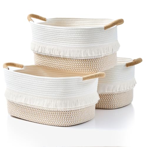 Woven Baskets, 3-Pack Storage Basket for Living Room, Bedroom, Nursery, Stylish Gift Basket with Handles, Cotton Rope Basket for Toys and Shelves, Multi-Purpose Organizer (White/Brown) - color: White/Brown