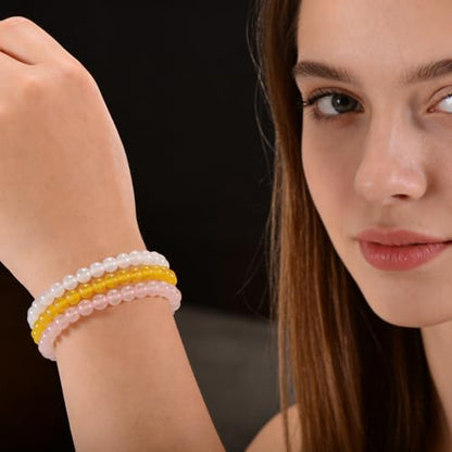 3PCS Agate Bracelet for Women Men Natural Round Beaded Agates Stone Healing Stretch Bracelets Elastic Handmade Polished Gemstone Beads Bracelet - color: White+Pink+Yellow
