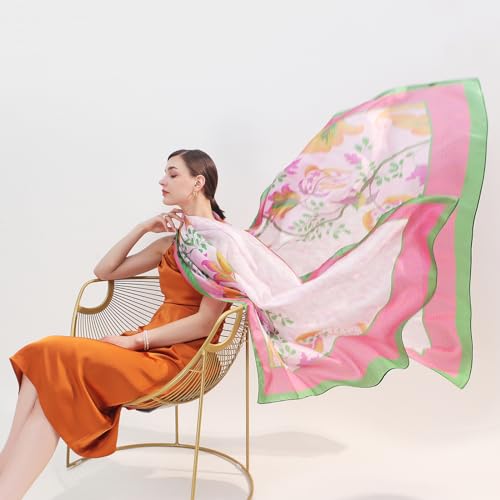 100% Mulberry Extra Large Silk Pashmina Scarf Shawls And Wraps For Women Evening Dress Summer Travel Floral Blanket - color: 76 Green&pink