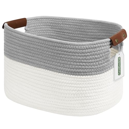 ECDYQXVU Cotton Rope Basket, Storage Baskets with Handle, 15x10x9 Inch Woven Basket for Shelves, Laundry, Towels, Clothes, Books (White/Grey 1Pack) - color: White/Grey-1Pack, size: 1 Pack