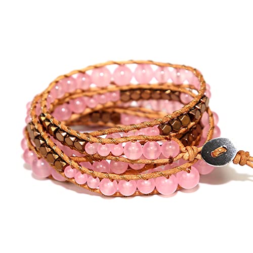 Boho Wrap Bead Bracelet for Women - Handmade Adjustable Natural Stone Beaded Bracelets Yoga Healing Bracelet Bangle Hippie Jewelry - color: Rose Quartz