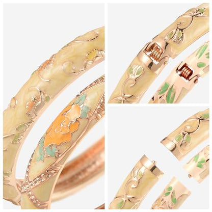 UJOY Classic Cloisonne Bracelets Enamel Jewelry Plated Bamboo Flower Cuff Metal Bangle for Women Gift Box - color: A108-2 Pcs Set-Yellow