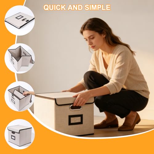 Large Square Storage Bin with Lid, Foldable Organizer Box with Handles & Label Design, for Office, Closet, Home, Documents, Grey, 12.20 x 10.63 x 10.63 Inches, 4 Pack - color: Grey, style: Square - 4 Packs