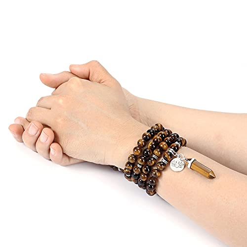 Jovivi 108 Mala Beads Bracelet 8mm Natural Amethyst Rose Quartz Healing Crystal Stone Mala Prayer Bead Necklace Hexagonal Prism Gemstone Reiki Pointed Pendant for Yoga Meditation Energy Balancing - color: Tiger Eye Crystal