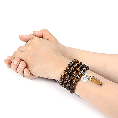 Jovivi 108 Mala Beads Bracelet 8mm Natural Amethyst Rose Quartz Healing Crystal Stone Mala Prayer Bead Necklace Hexagonal Prism Gemstone Reiki Pointed Pendant for Yoga Meditation Energy Balancing - color: Tiger Eye Crystal