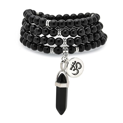 Natural Japa Mala 108 Beads Bracelet Necklace Meditation Accessories with om Chram and Reiki Quartz Hexagonal Prism Pendant - style: Black Agate