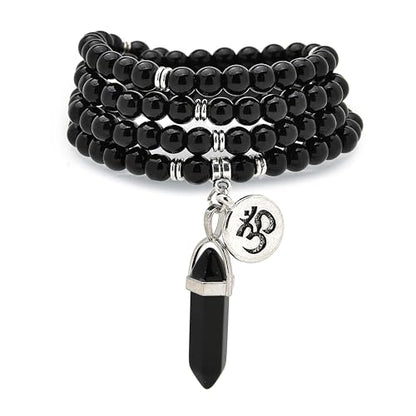 Natural Japa Mala 108 Beads Bracelet Necklace Meditation Accessories with om Chram and Reiki Quartz Hexagonal Prism Pendant - style: Black Agate
