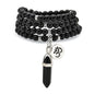 Natural Japa Mala 108 Beads Bracelet Necklace Meditation Accessories with om Chram and Reiki Quartz Hexagonal Prism Pendant - style: Black Agate