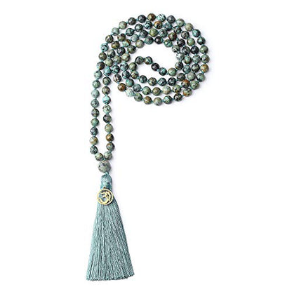 COAI OM Charm Hand Knotted Tassel 108 Mala Beads Necklace - color: Faceted African Turquoise, size: 8mm