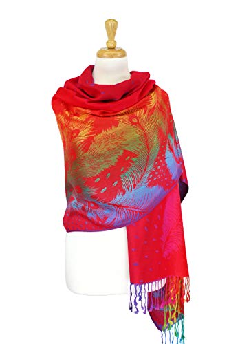 PASKMLNA Double Side Multi Colors Silky Tropical Colorful Exotic Pashmina Wrap Shawl Scarf Rave - color: 050-red Multi Feathers