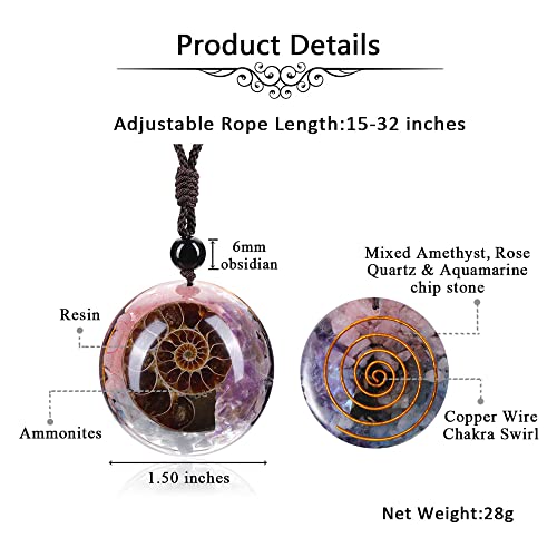 Jovivi 7 Chakra Gemstone Reki Healing Crystal Necklace Round Circle Shape Ammonite Fossil Resin Chip Stones Pendant Necklace for Women Men Life Tree Jewelry Christmas Gifts - color: Ammonite Fossil - Amethyst+Aquamarine+Rose Quartz