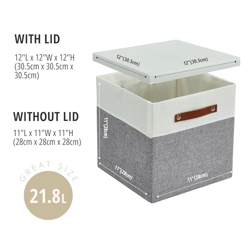 DECOMOMO Storage Basket with Lid, Storage Cubes with Handles, Fabric Box with Lid (Grey and White, 11” / 3 Pack)