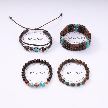MILAKOO Mens Beaded Bracelets Tribal Wooden Elastic Adjustable Prayer Beads Wrap Cuff for Women - color: H: 4pcs