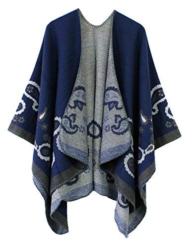 Urban CoCo Women's Color Block Shawl Wrap Open Front Poncho Cape - color: Series 21-navy Blue