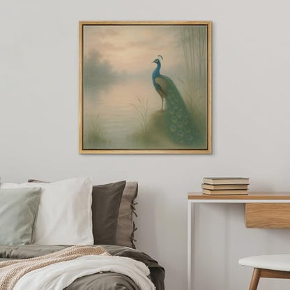 SIGNWIN Framed Canvas Print Wall Art Elegant Peacock by Misty Lake Serene Nature Illustrations Fine Art Farmhouse/Country for Living Room, Bedroom, Office - 16"x16" NATURAL - color: BS18-2507-SAR10, size: 16L" x 16W"