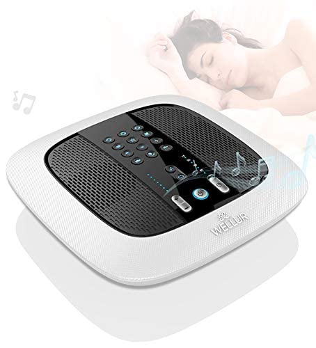 WELLUR - Stereo Sound White Noise and Natural Sound Sleep Machine with Relaxing Spa Music. Dual Build in Speakers & 3.5mm Headphone Jack, with Timer Option and USB 2.1A Port. Adapter Included (White)