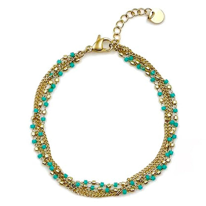 14K Gold Plated Surgical Hypoallergenic Stainless Steel Bohemian Dainty Turquoise Nanobeads Bracelet for Women